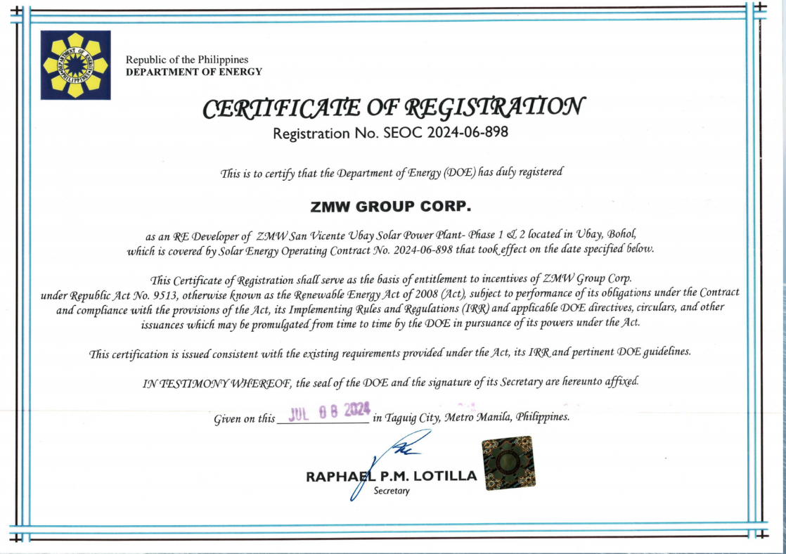 ZMW DOE Certificate of Registration